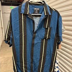 Men’s Massive Blue Black Striped Button Up Top With Matching Shorts
